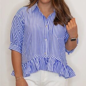 Entro Blue and White Striped Button Down Shirt Half Sleeve Nautical Summer